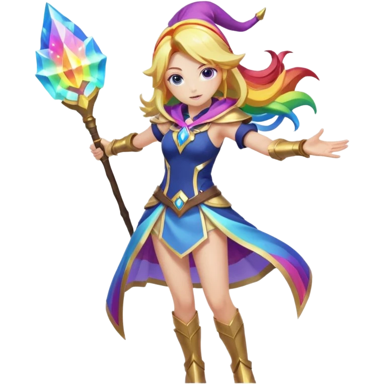 Lux from League of Legends, rainbow spell shooting from staff, dynamic pose emoji
