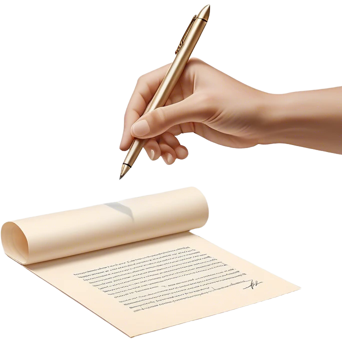 A glowing, slightly transparent hand—representing the future self—emerges from a piece of paper, offering a pen to the present self. The present self’s hand, solid and real, reaches out to take it, symbolizing the moment of choosing action over procrastination, guided by the future self’s wisdom. emoji
