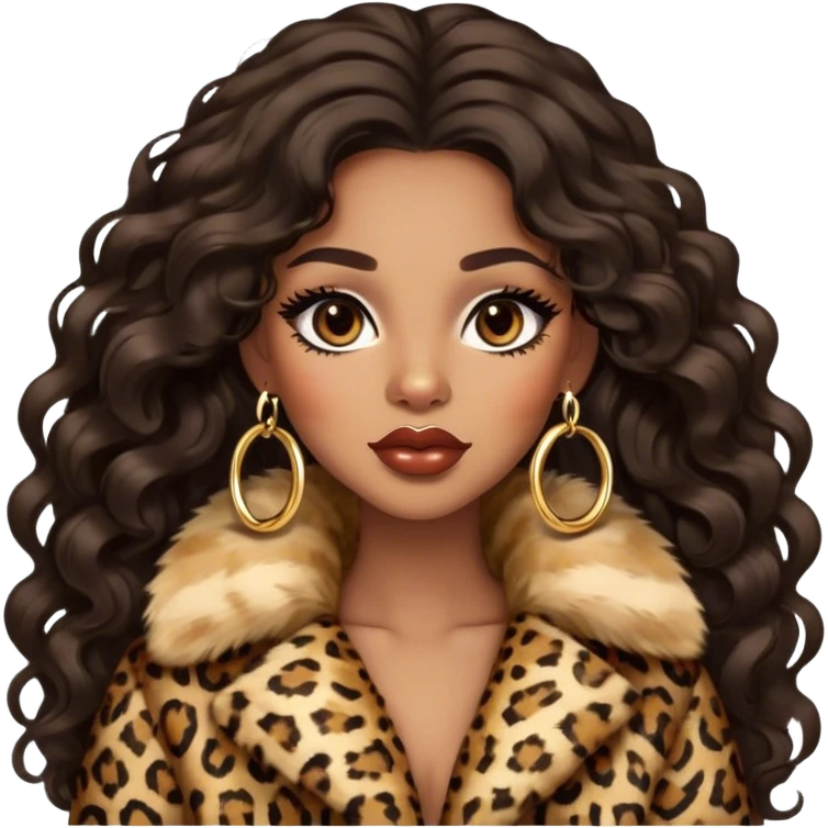 light brown skin tone, very beautiful woman, with big plump lips, long long lashes, black wavy long hair, brown eyes, leopard fur coat, gold hoop earrings emoji