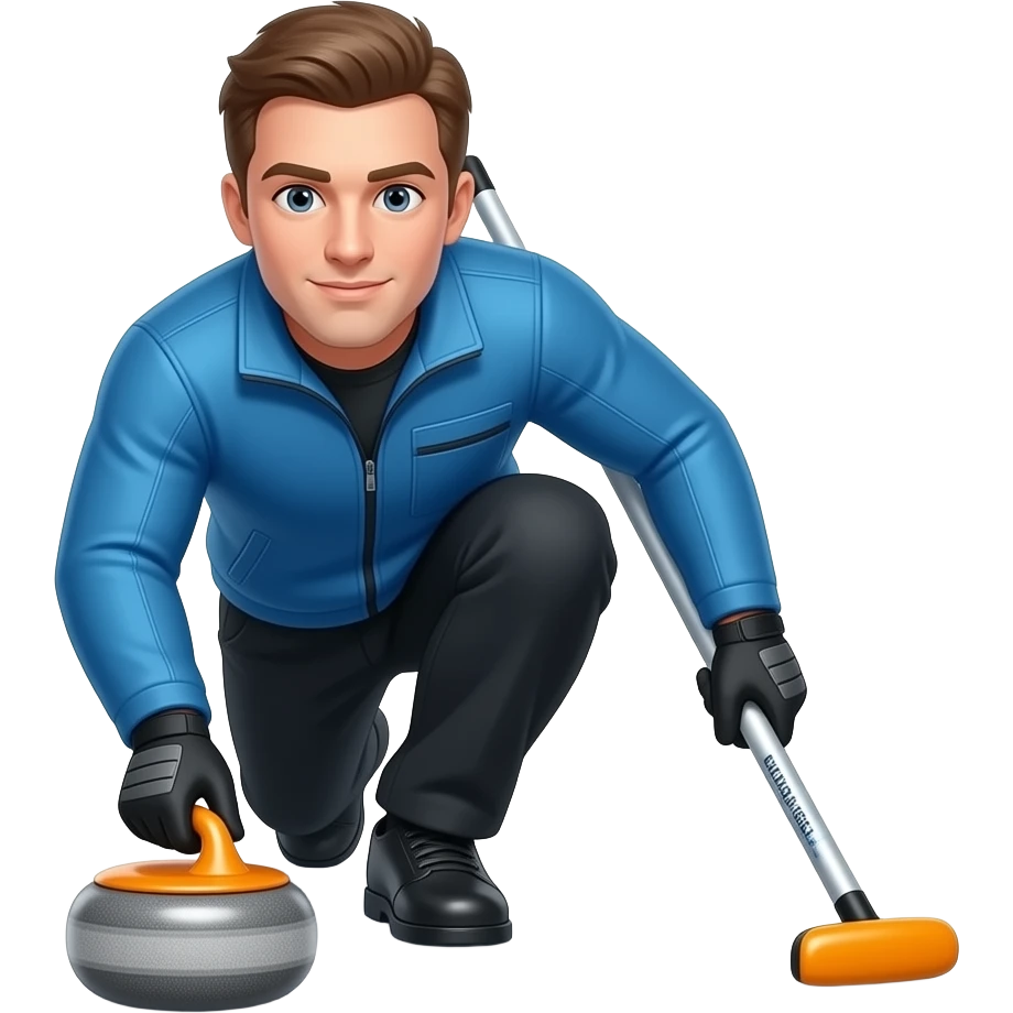 male olympic curling player full-length with orange curling stone emoji