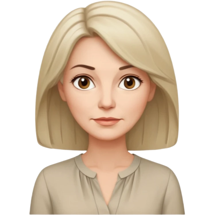 Женщина около пятидесяти лет с аккуратно уложенными волосами средней длины, мягкое, но собранное выражение лица, лаконичная блузка спокойного оттенка. emoji