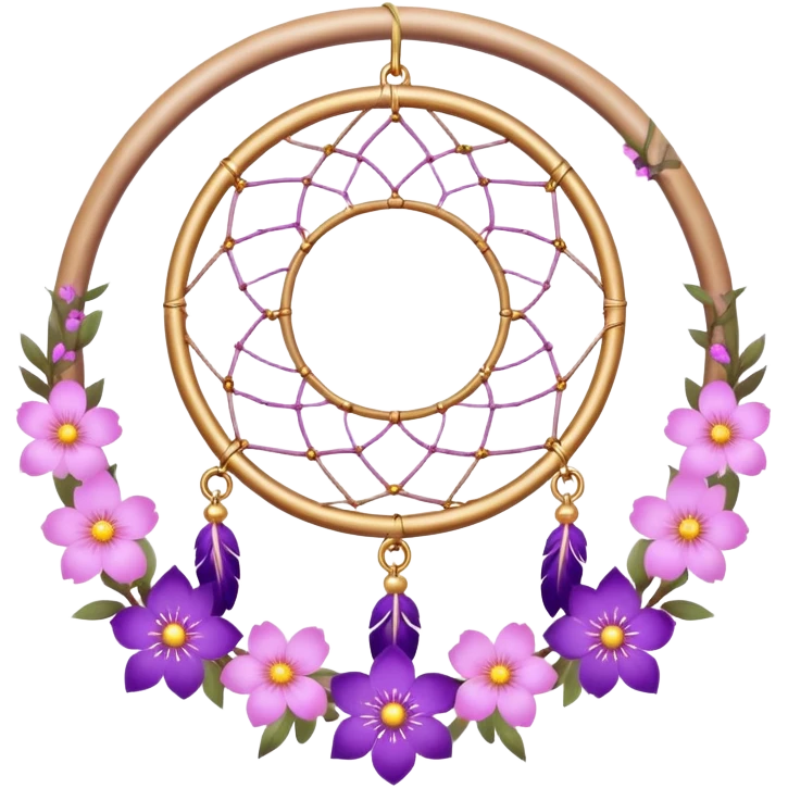 A white-circle-framed Dreamcatcher with purple-round-orb-stones, gold-ring-accents, purple tint flowers, pink sakura flowers, emoji