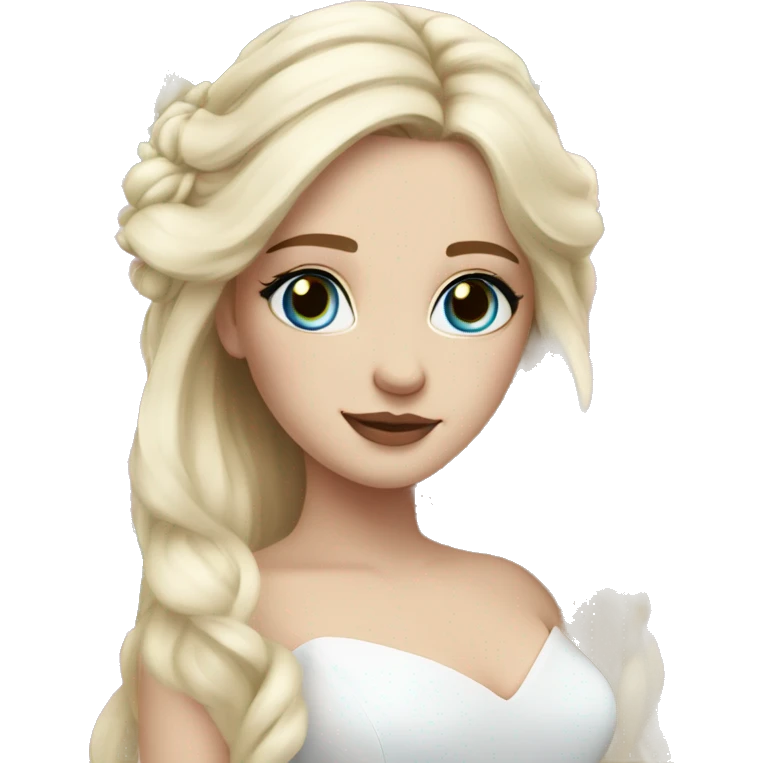 White bride with long light blonde hair and blue eyes with light pink peonies in hair white skin  emoji