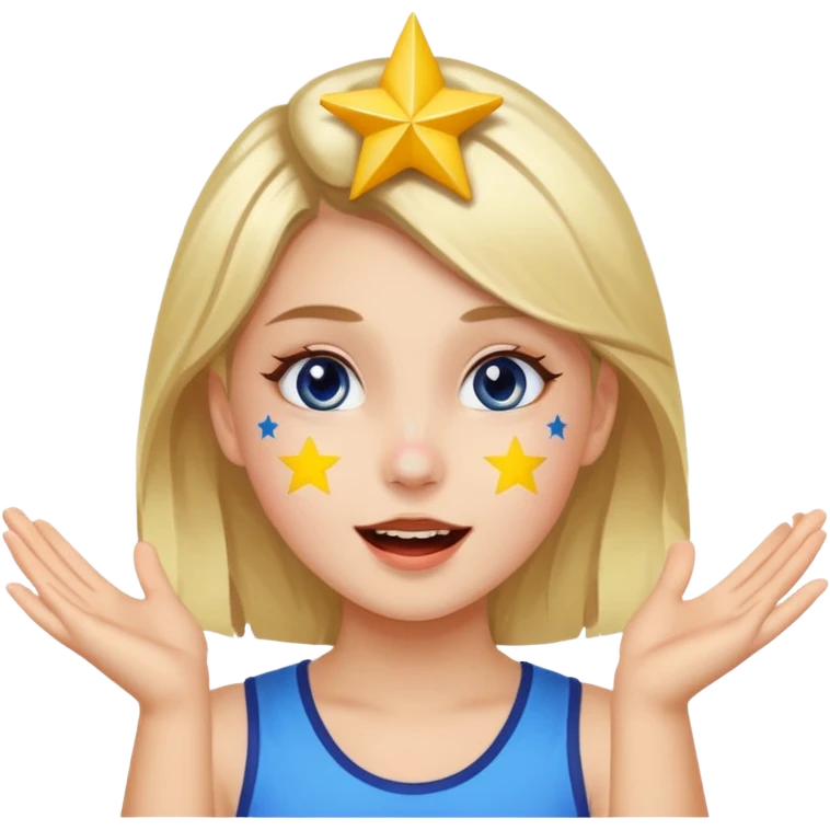 A girl with star-shaped cheek paint, cheering with bright eyes. emoji