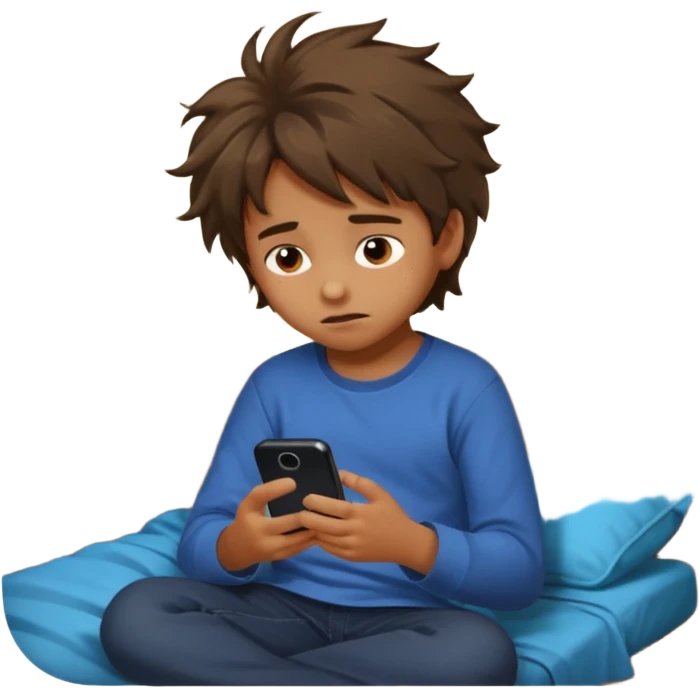 un niño de entre 3 - 10 años jugando con su celular, cansado en una habitacion apagada emoji
