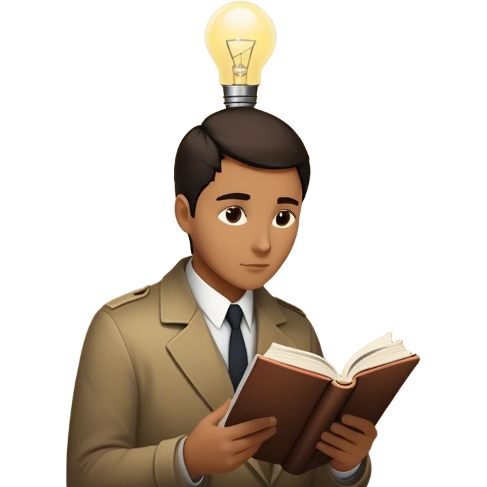  detective reads a book with a bold silhouette of a person on the cover, symbolizing a subject under investigation. The cover’s design is minimalist yet striking, hinting at mystery and deep research. A glowing lightbulb above the detective’s head signifies a moment of realization. emoji