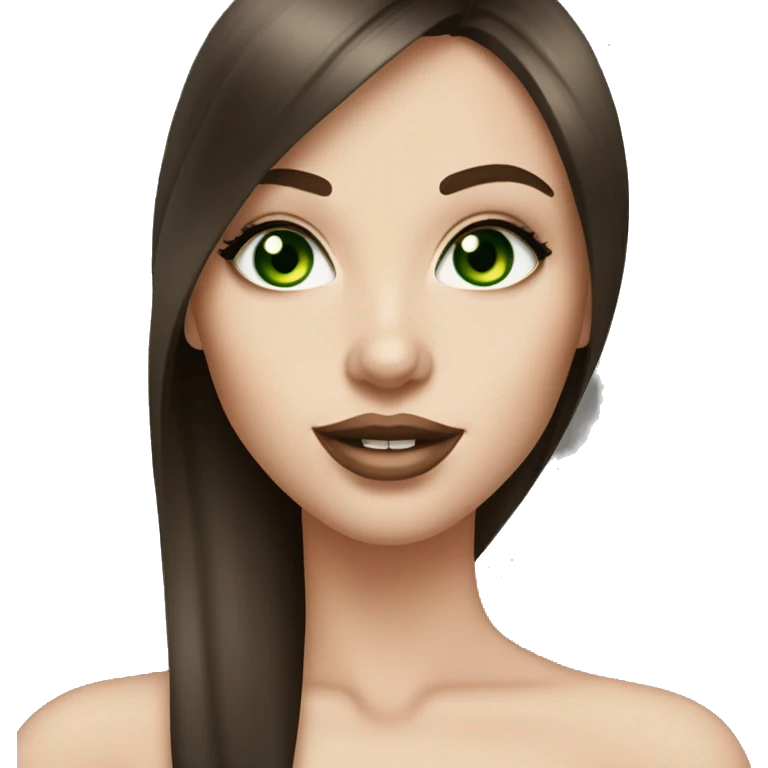 Brunette bombshell girl with long straight hair, pale skin, big lips and green eyes emoji