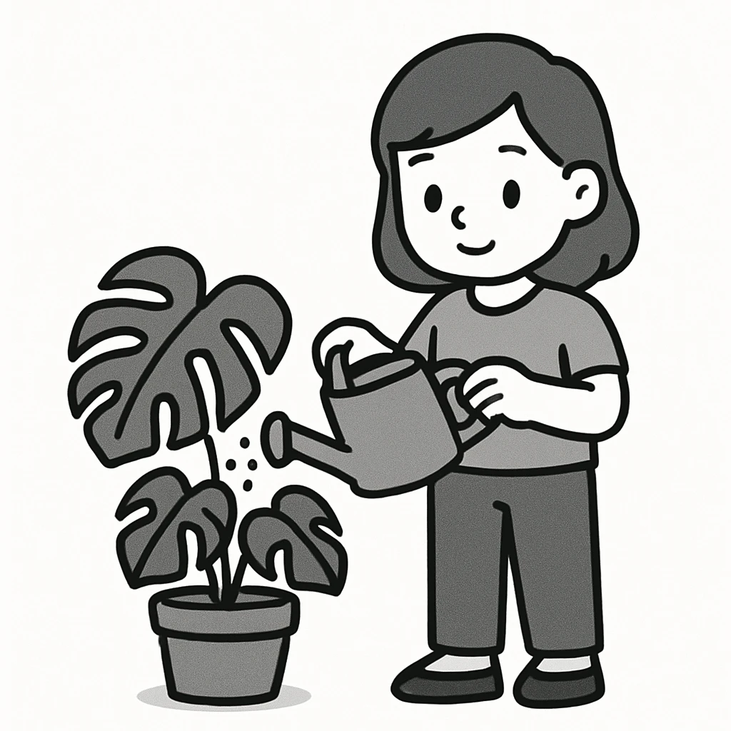 woman watering her monstera plant emoji