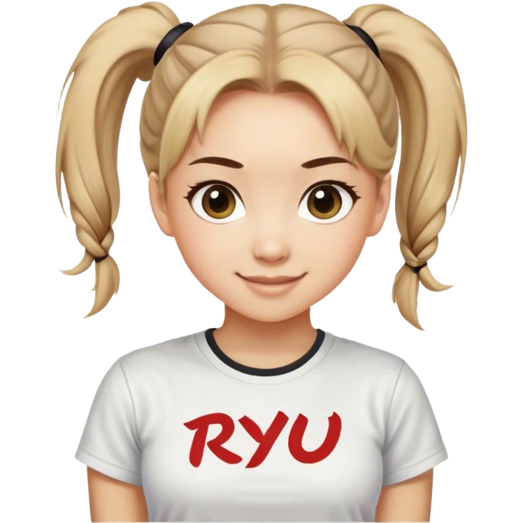 Beautiful girl smilling with big eyes, ponytail and "ryu" written on tshirt emoji
