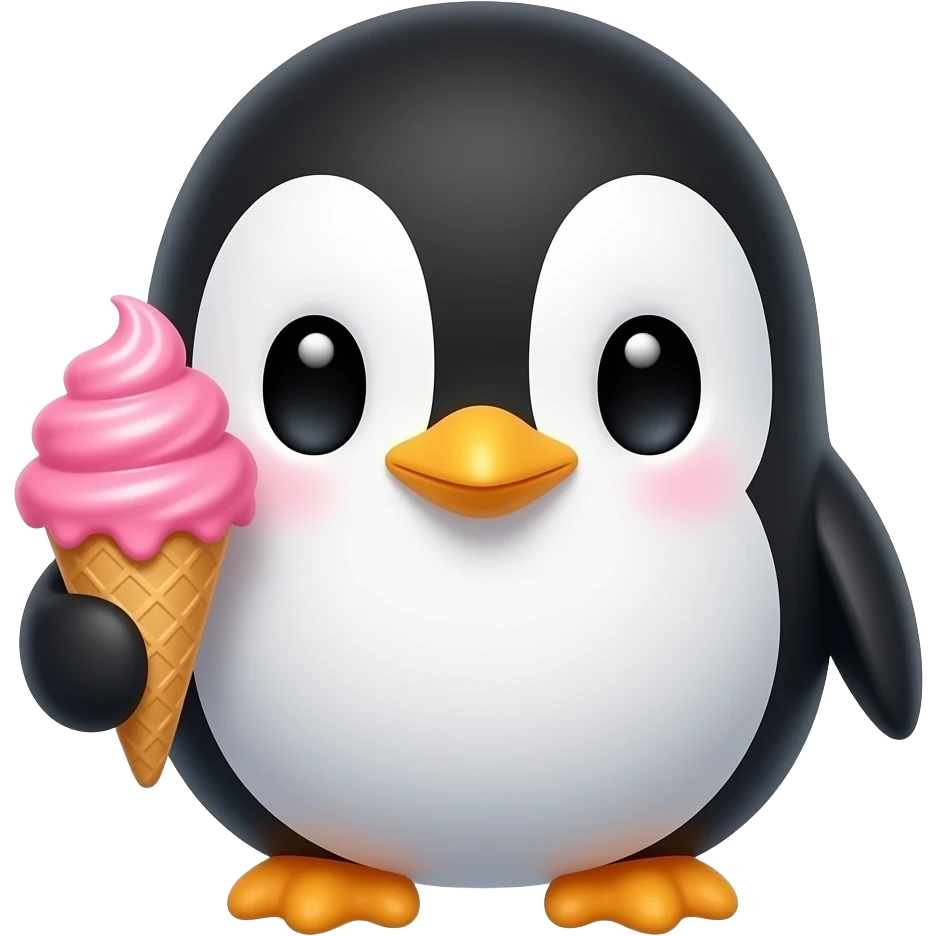 cute penguin with half body close up hold ice cream emoji