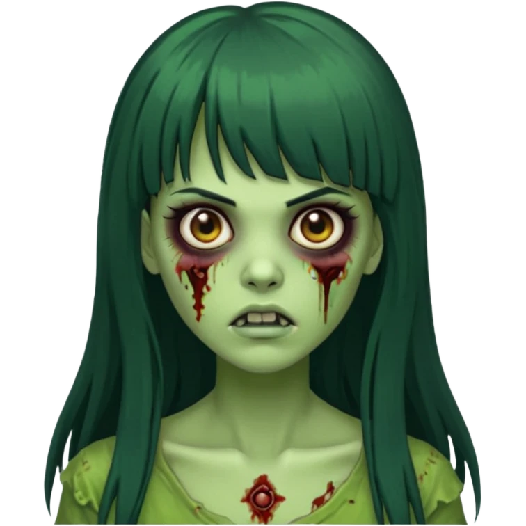 mulher verde zumbi cabelos longos pretos e franja emoji