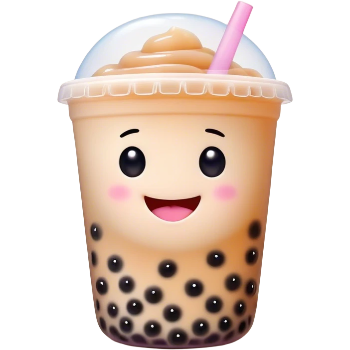 Cinematic pastel-colored bubble tea, chubby cup with a smiling face, tiny black tapioca pearls peeking out, soft glowing background, playful and adorable. emoji