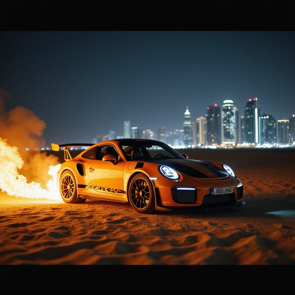 Cinematic shot, Porsche 911 gt3 rs in fire, desert, night, dubai city in background emoji