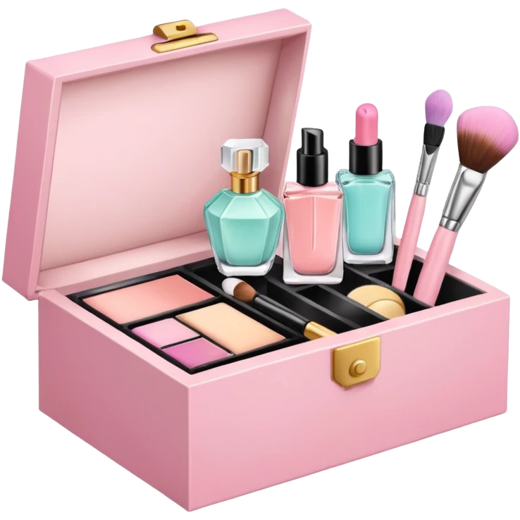 an open box with makeup brushes, compact powder, and perfume bottle spilling out emoji