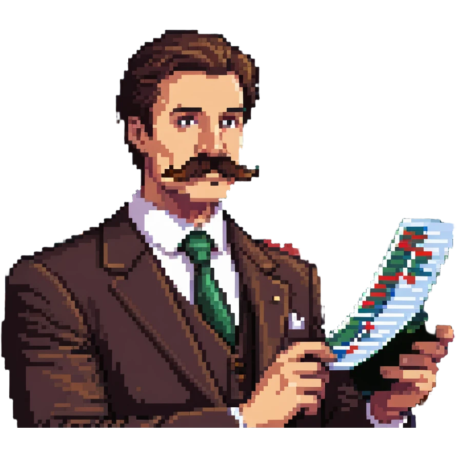 Finance guy with massive handlebar mustache, business attire, stock market chart emoji
