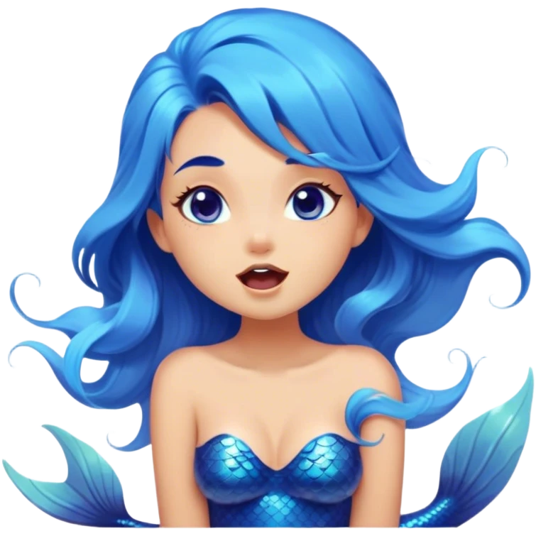 Cinematic Realistic Blue Hair Mermaid Portrait, head tilted slightly with a dramatic, wide-open yawn, revealing a tender, relaxed visage with intricately detailed, tanned skin and vibrant, cascading blue hair softly billowing around her. Her dreamy eyes exude a serene, aquatic charm, rendered with gentle underwater lighting and a soft, high-shine finish that captures the essence of a drowsy yet captivating mermaid drifting into tropical slumber. emoji