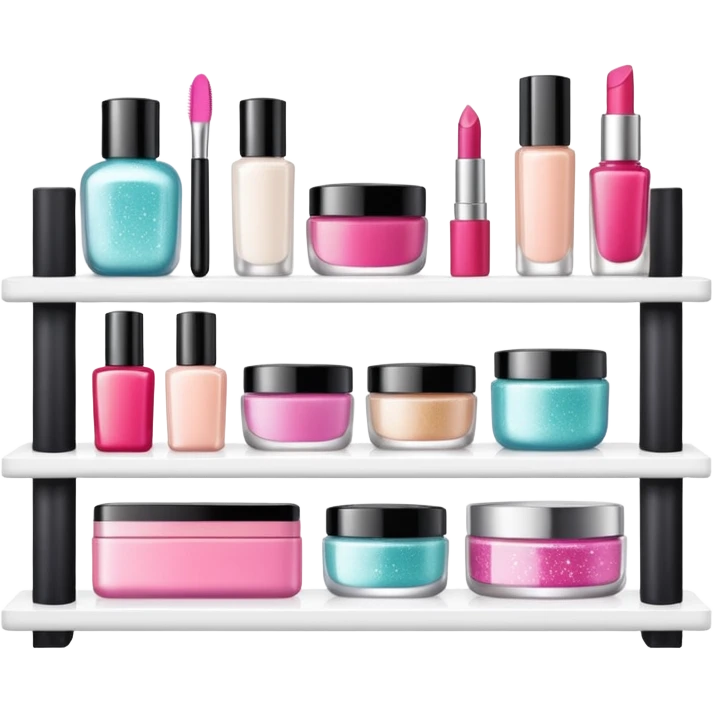 a white shelf with few beauty products and sparkles emoji