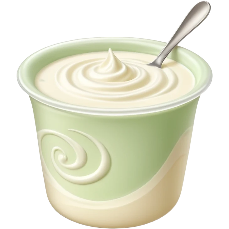 open cup of plant-based yogurt with smooth creamy white surface and soft swirls, lighter and silkier texture than dairy yogurt, simple unbranded cup in soft neutral tones like beige or pale green, no spoon or fruit, soft lighting, subtle shadows, emoji scale emoji