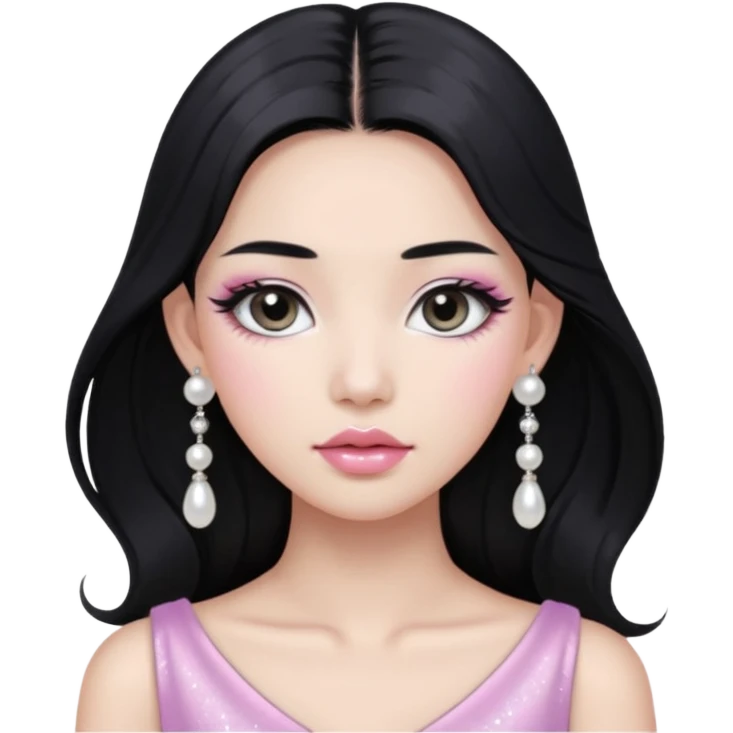 asian long black hair silver grey eyes glossy lips glittery white and light pink eyeshadow girl pearl earrings emoji