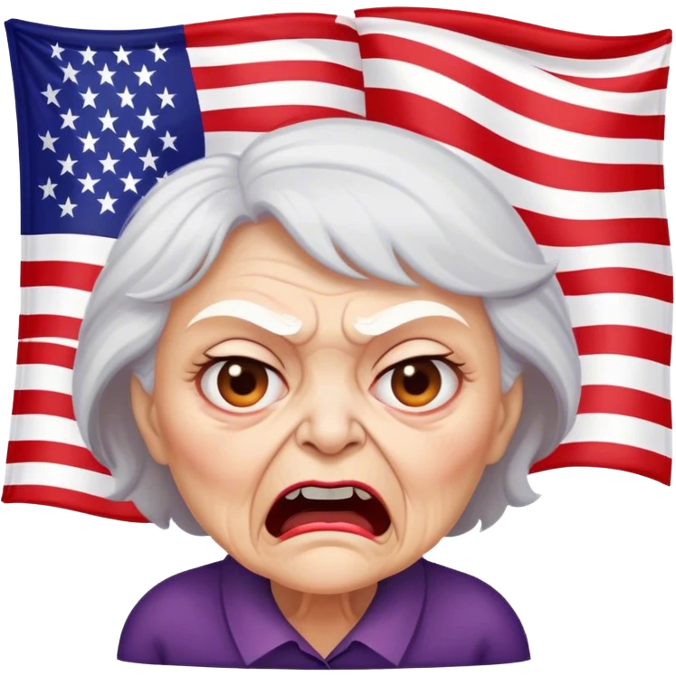 Angry old woman in front of upside-down flag emoji