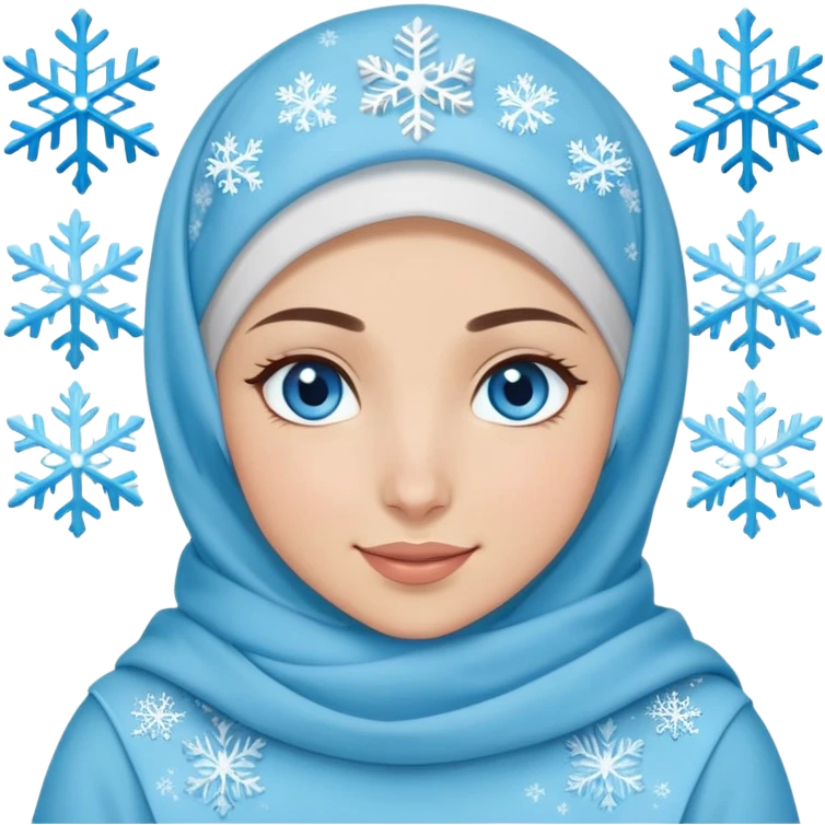 Turkish beautiful finish Konya girl blue eyes with light blue winter design hijab islamic dress and had on her hand snowflakes and she winks emoji