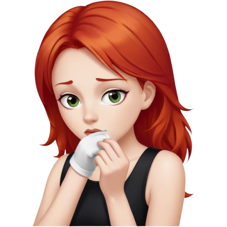 a woman with red hair and red eyes sniffing a white sock. The woman wear a black  dress emoji