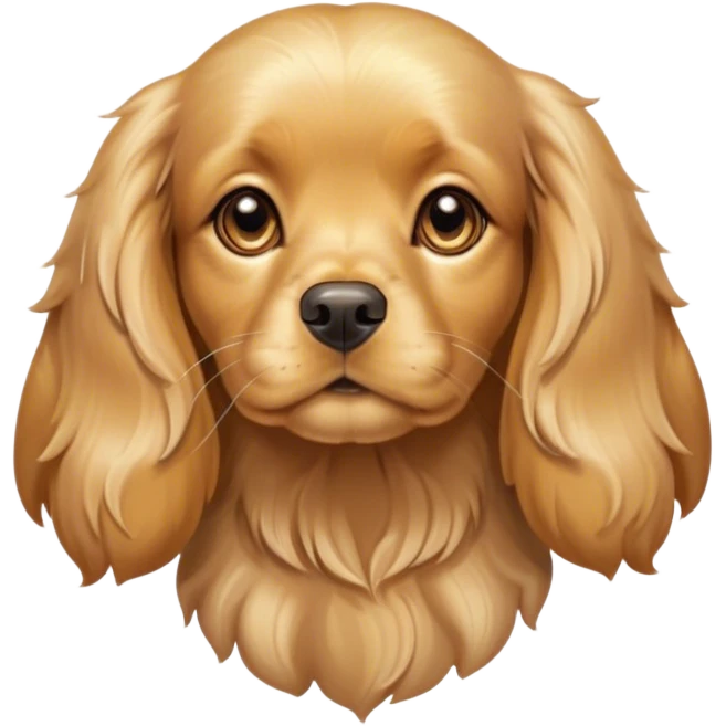 Cinematic Cute Gold Cocker Spaniel Portrait Emoji, Head tilted playfully and inquisitively, showcasing a silky, golden coat with a natural sheen, round, sparkling brown eyes filled with curiosity, Simplified yet irresistibly adorable features, highly detailed, glowing with a warm, friendly glow, high shine, affectionate and lively, stylized with a touch of whimsy, bright and endearing, soft glowing outline, capturing the essence of a mischievous yet loving pup, so playful it feels like it could bound out of the screen and into your arms! emoji