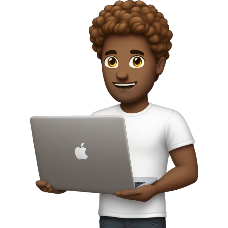 a guy with a voluminous chestnut-colored hairstyle, holding a MacBook, blue eyes, wearing a white T-shirt, medium build emoji