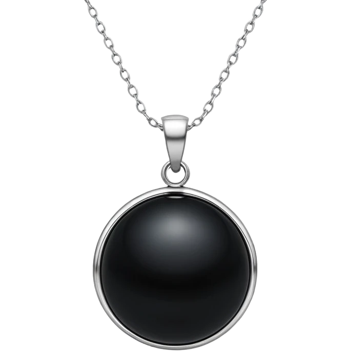 polished round black onyx pendant on a delicate silver chain, glowing faintly like a celestial orb emoji