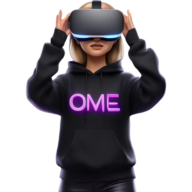 Russian girl wearing black hoody with violet letters "OMG", in vr headset oculus quest2. Standing like jedi. Cyberpunk style. Violet neon. emoji