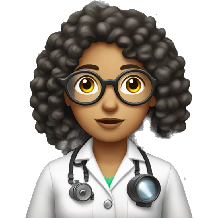 White teenage girl scientist with black hippie perm, freckles on her face, and binoculars around her neck emoji