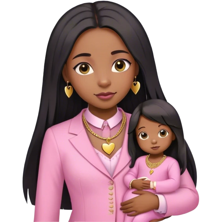 Black girl with STRAIGHT LONG HAIR DOWNhair down with baby edges and formal clothes that are pink for her interview and a SMALL gold heart necklace  emoji
