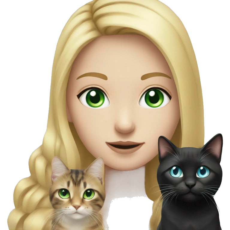 girl with blue eyes, with long blond hair with black tabby cat with green eyes emoji