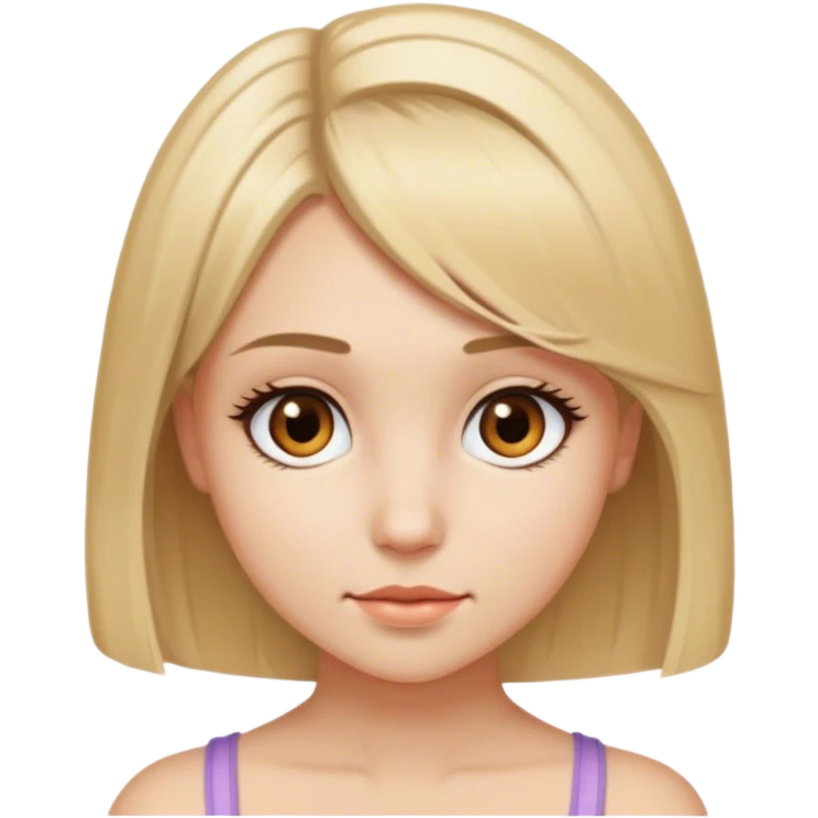 Crie uma menina jovem com cabelo loiro médio, curto no ombro, com olhos castanhos, cílios médios, emoji