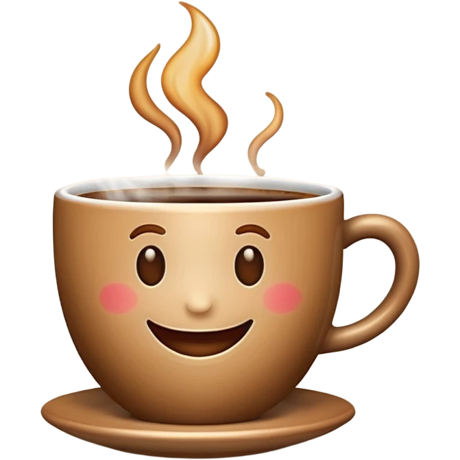Create an emoji-style image of a warm morning cup of coffee with steam rising and a cheerful smiling face on the cup. The background should feel cozy and bright, like morning sunshine. emoji