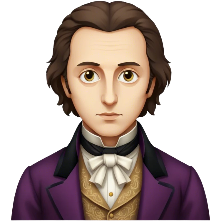 Cinematic Realistic Chopin Portrait Emoji, depicted as an introspective composer with expressive eyes and period attire, rendered with rich textured detail and soft classical lighting that captures his emotive musical genius. emoji