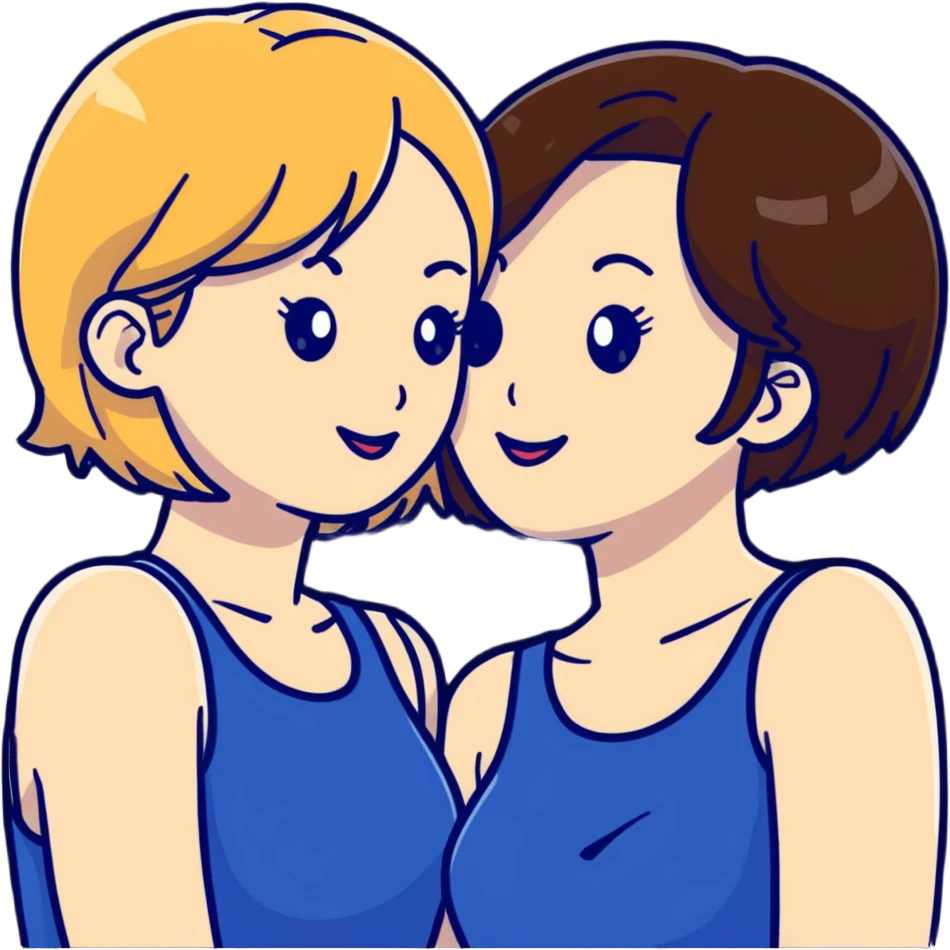 Two women flirting, one with short brown hair and the other with long blonde hair emoji