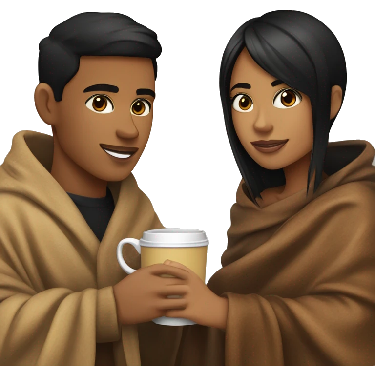 LIGHT BROWN SKIN BOY, with SHORT STRAIGHT BLACK HAIR and a TAN SKIN GIRL, with BLACK HAIR and BANGS, inside a blanket sipping coffee emoji