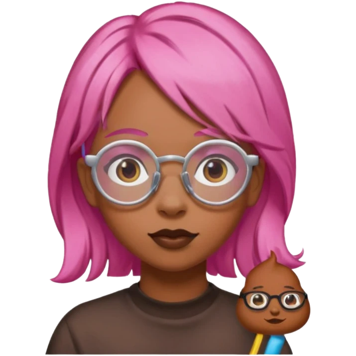 Chica con pelo rosa, gafas de forma de caca y una orquilla de caca emoji