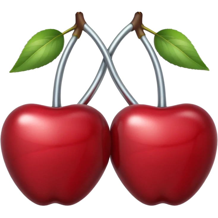 A pair of cherries emoji made of polished silver chrome, smooth rounded shapes, glossy metallic finish, soft highlights and reflections, cute proportions, iOS emoji style, centered, clean white background, no text emoji