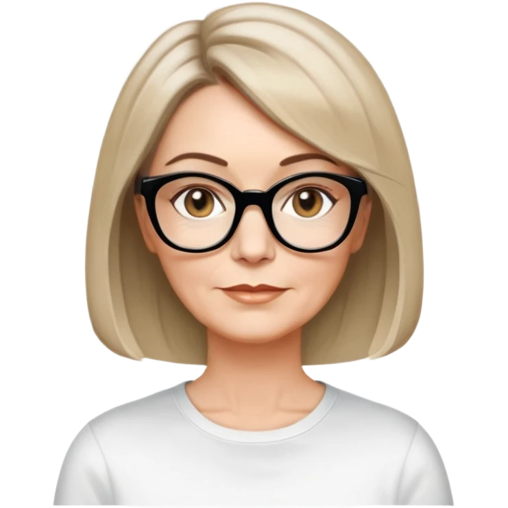 white woman about 50 years old, light warm skin, short bob haircut to neck with slight waves at ends, medium brown hair with soft highlights, neutral expression, large black shiny butterfly or cat-eye glasses, white casual t-shirt, calm and creative energy emoji