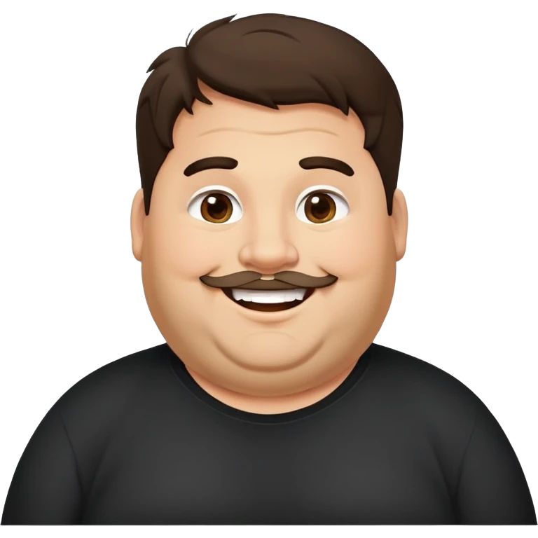 Hombre obese, cuerpo grande, latino piel canela, cara redonda-ancha, scruff sin barba completa, cejas gruesas, pelo oscuro ondulado flat largo hasta el cuello. Sonrisa amplia, expresión alegre. Camisa negra. Size large.  emoji