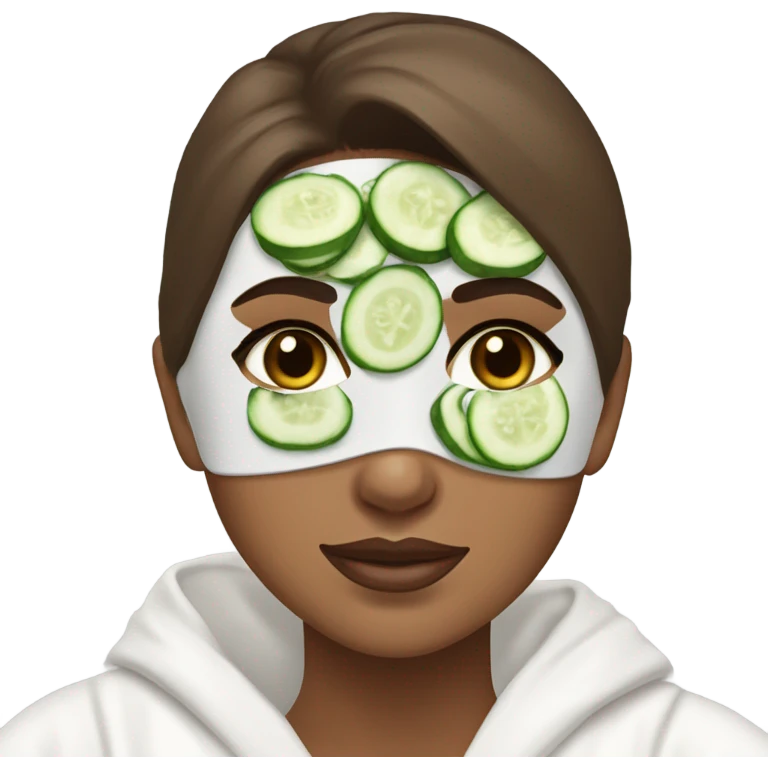 White girl with Brown hair and blue eyes wears a Green clay colored skincare textured mask and puts on cucumbers around her eyes while She relaxes in her white Robe emoji