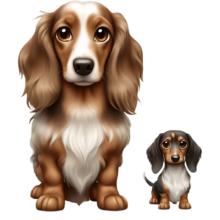 Two brown Merle long haired Dachshunds full body one is smaller emoji