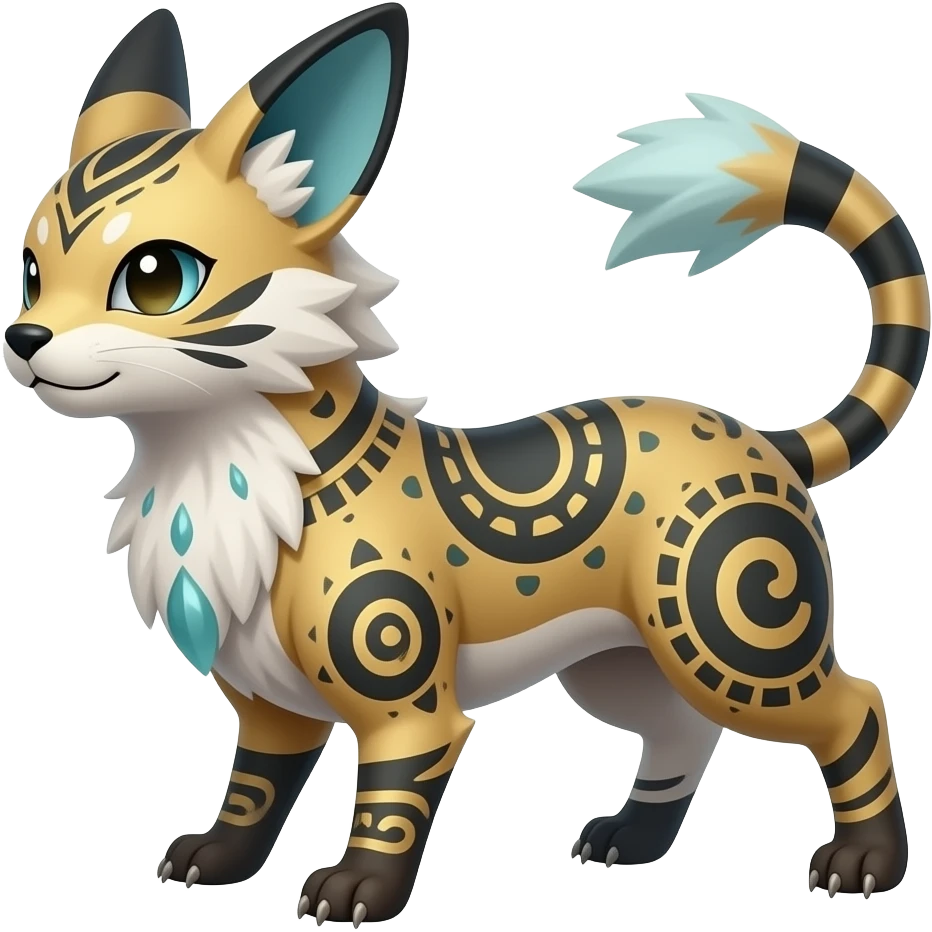 Tribal-patterned ancient Short-legged quadrupedal elegant oriental feral painted Absol-Glaceon-Umbreon-Sprigatito-Furret-Sylveon-animal-Fakémon-fusion-hybrid-creature emoji