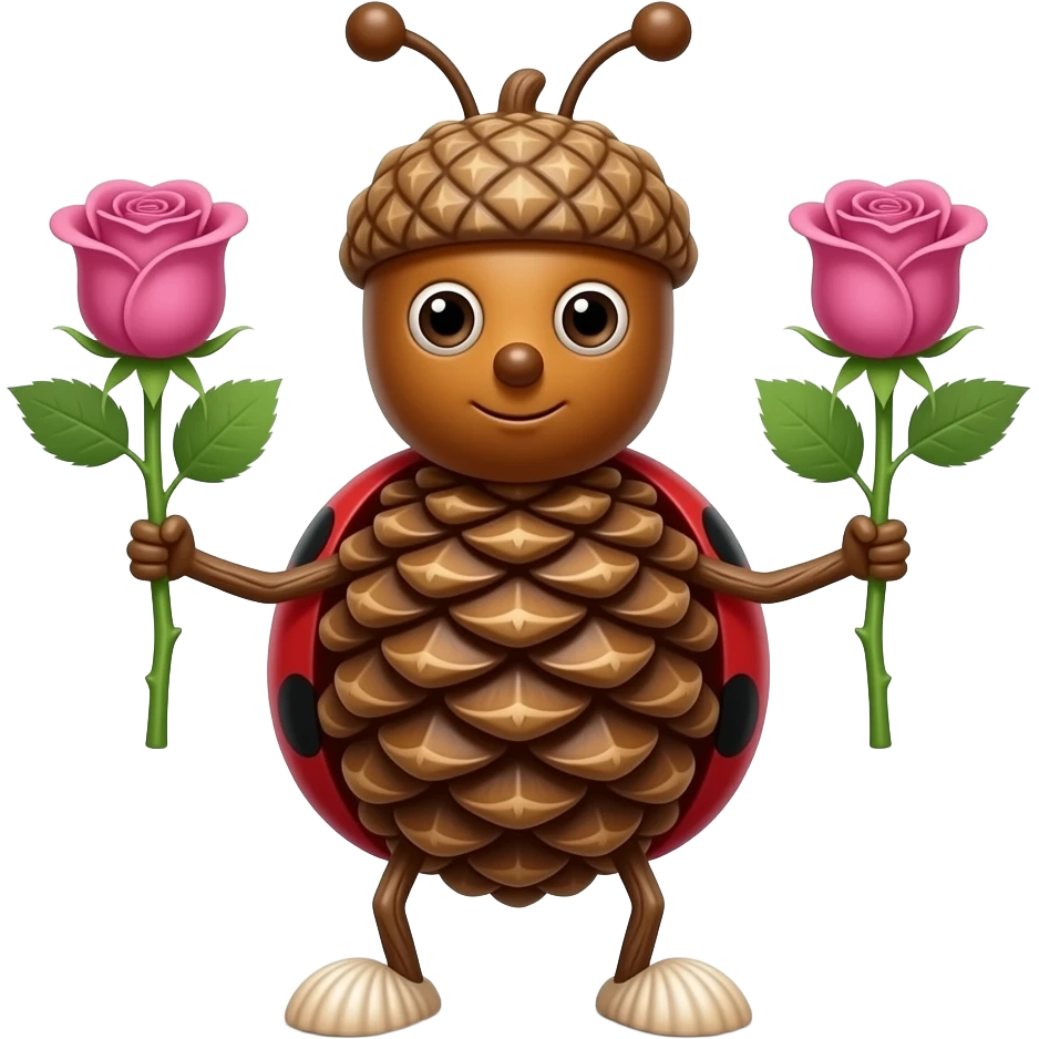 acorn for a head two  seeds for the eyes a ladybug for a nose a twig for a  mouth a pinecone for a body two pink rose on stems for the arms  two sticks for the legs and two seashells for the feet emoji