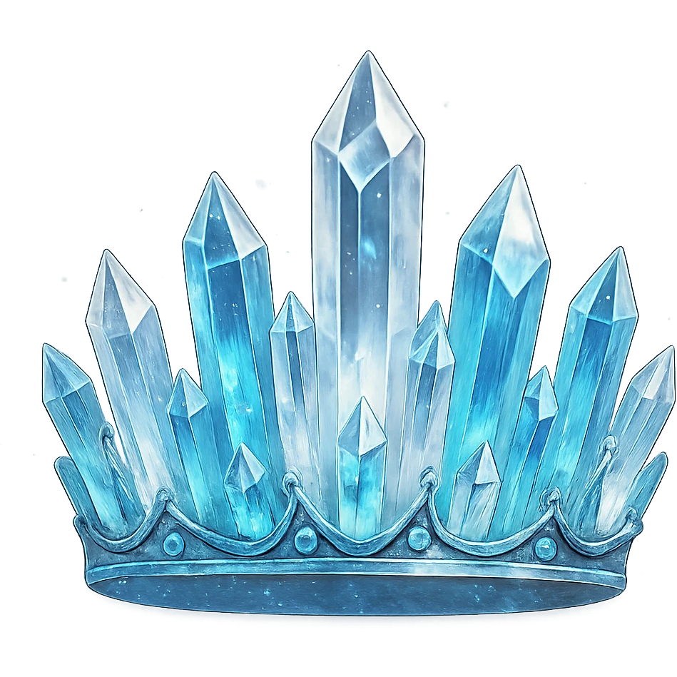 a crystal crown made of faceted clear and icy blue crystals, with silver accents and a magical glow emoji