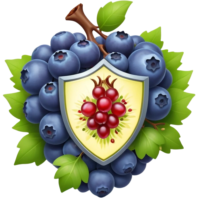Antioxidant-rich foods (blueberries, pomegranate, grapes, dark chocolate, green tea) surrounded by a powerful, bright protective shield. The shield emits intense rays that destroy dark particles of free radicals, creating a strong protective barrier around body cells. emoji