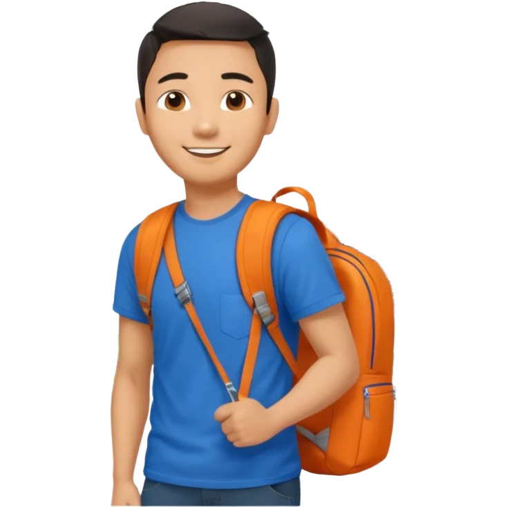 an asian man in blue t-shirt with orange backpack on the back. Eiffel tower on the background. shoulder length picture emoji