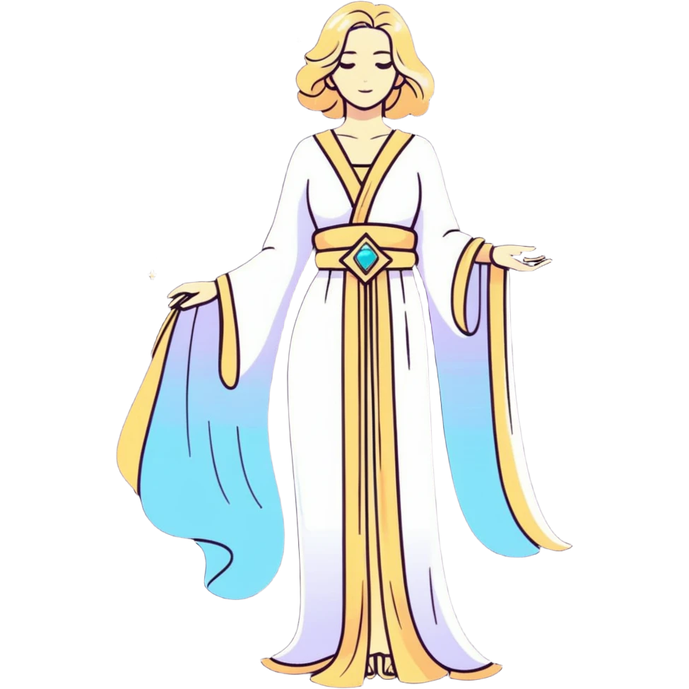 fullbody universe goddess Sophia, Ethereal Light Being, Made of starlight and fractals, Glowing white/gold skin with flowing translucent robes, Hair like galaxy mist, Jewelry made of stars and crystals emoji